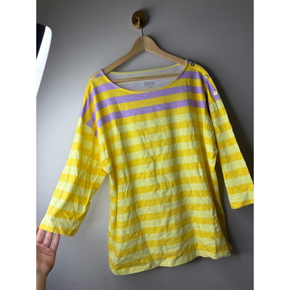 Denim & Co Texture Knit Striped or Solid Top with Detail Yellow Stripe,XL #152-w